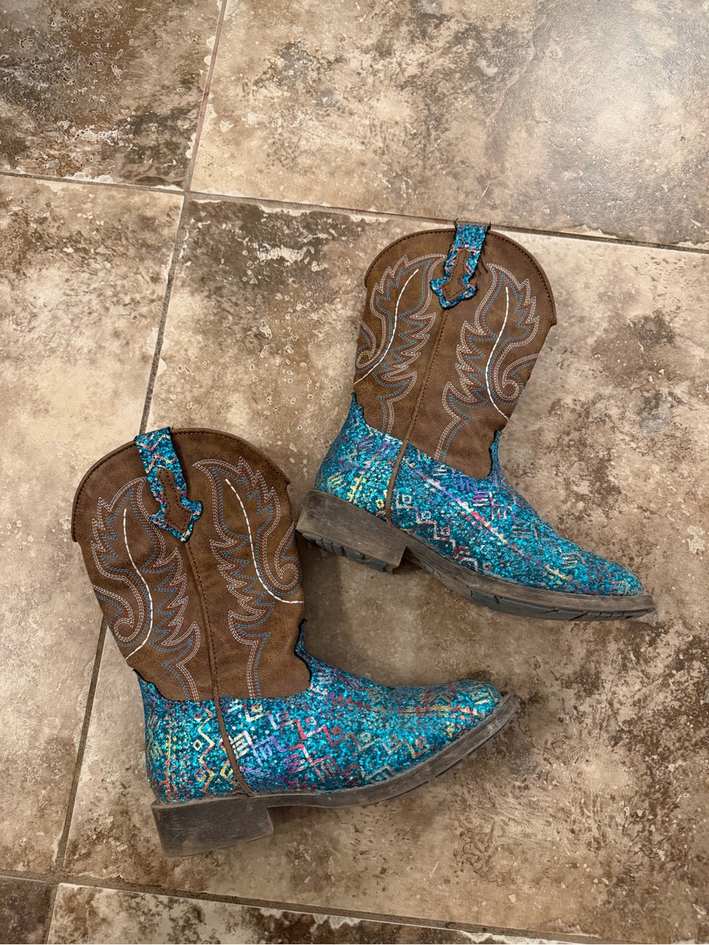 Girls Turquoise Glitter Western Boots